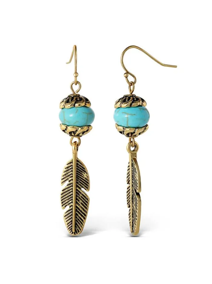 Turquoise Collection Accessories Jessica Simpson Turquoise Bead Feather Drop Earrings In Gold
