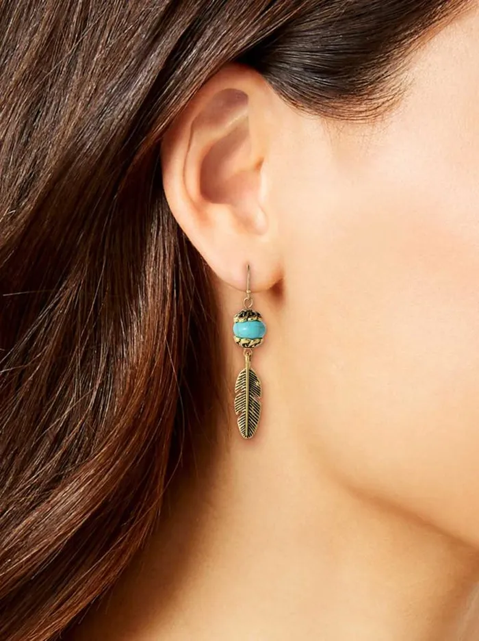 Turquoise Collection Accessories Jessica Simpson Turquoise Bead Feather Drop Earrings In Gold