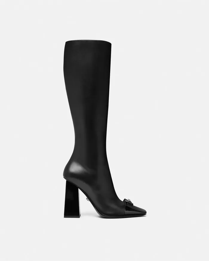 Versace Boots Women Gianni Ribbon Leather Boots 105 Mm Blacksilver
