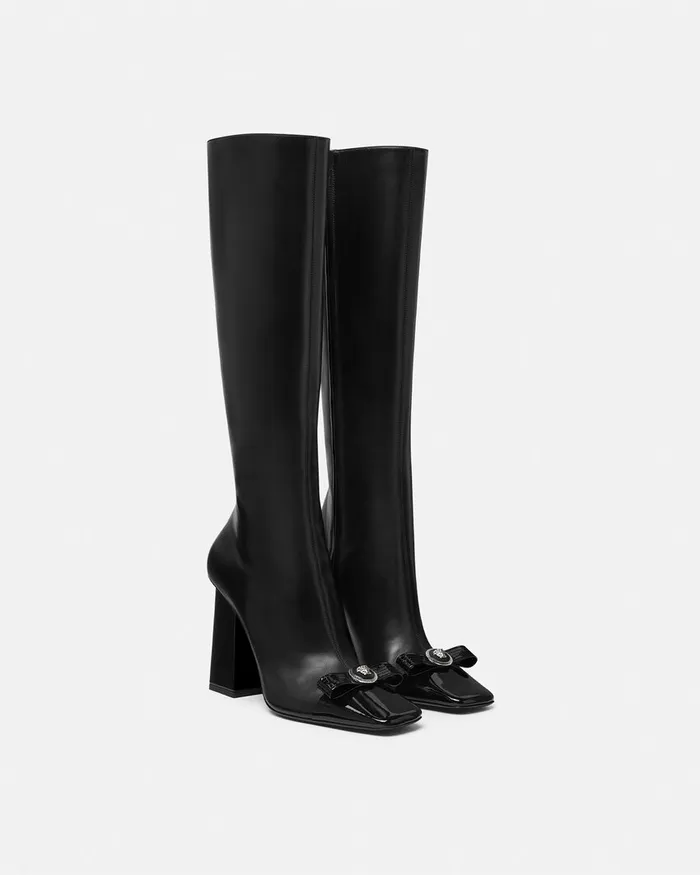 Versace Boots Women Gianni Ribbon Leather Boots 105 Mm Blacksilver