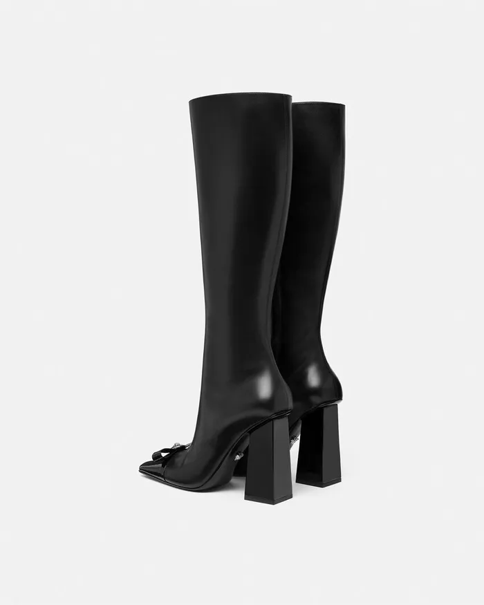 Versace Boots Women Gianni Ribbon Leather Boots 105 Mm Blacksilver