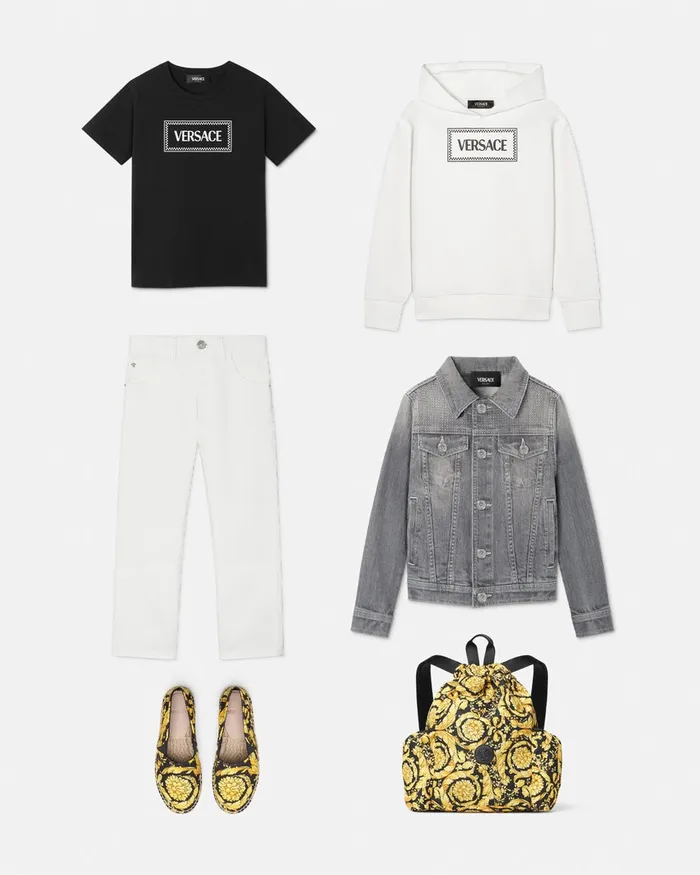 Versace Denim Kids Studded Logo Denim Jacket Gray