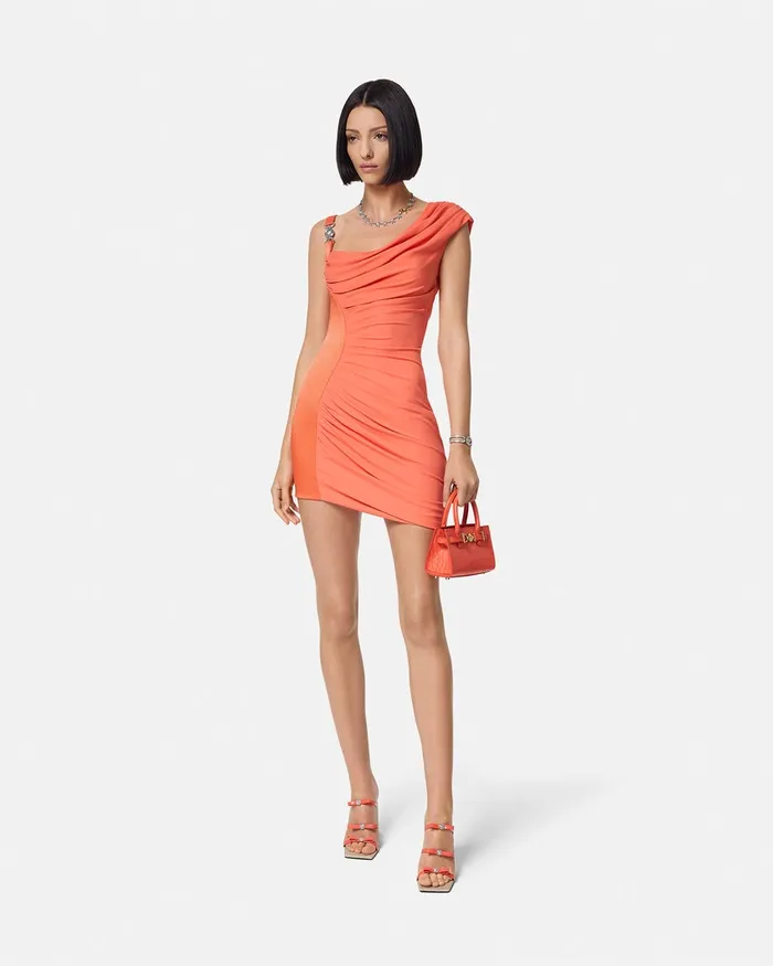 Versace Dresses Women Medusa 03995 Draped Mini Dress Coral