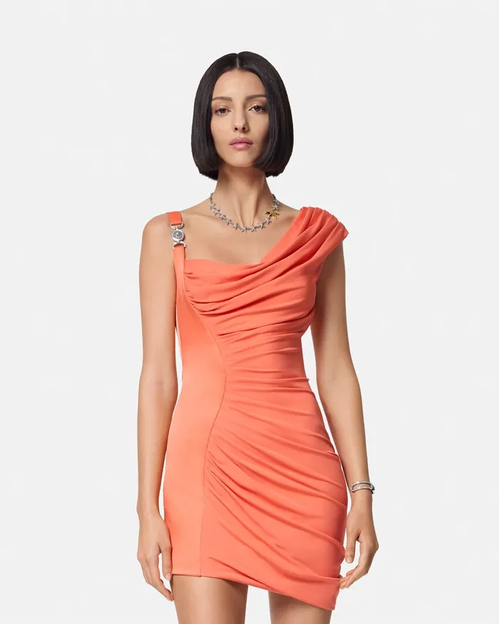 Versace Dresses Women Medusa 03995 Draped Mini Dress Coral