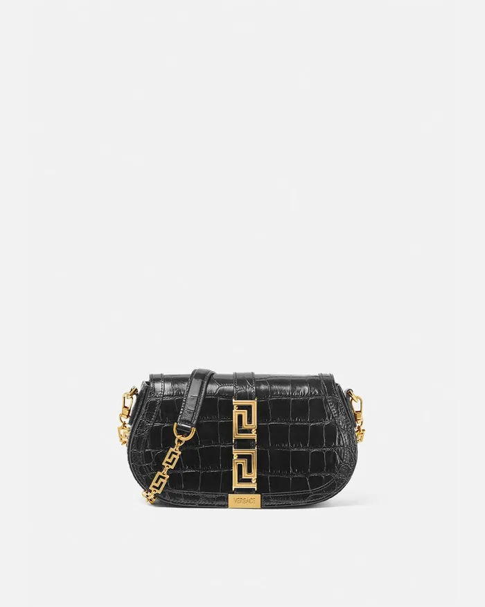 Versace Greca Goddess Women CrocEffect Greca Goddess Shoulder Bag Blackgold