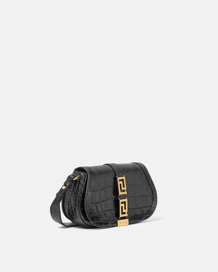 Versace Greca Goddess Women CrocEffect Greca Goddess Shoulder Bag Blackgold