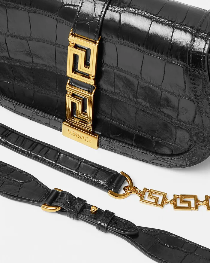 Versace Greca Goddess Women CrocEffect Greca Goddess Shoulder Bag Blackgold