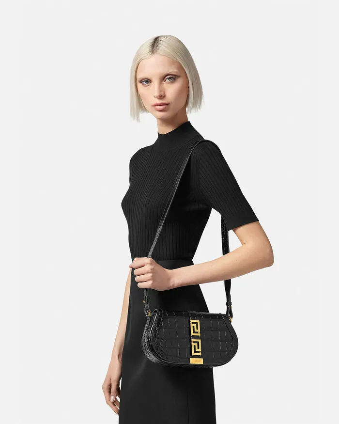 Versace Greca Goddess Women CrocEffect Greca Goddess Shoulder Bag Blackgold