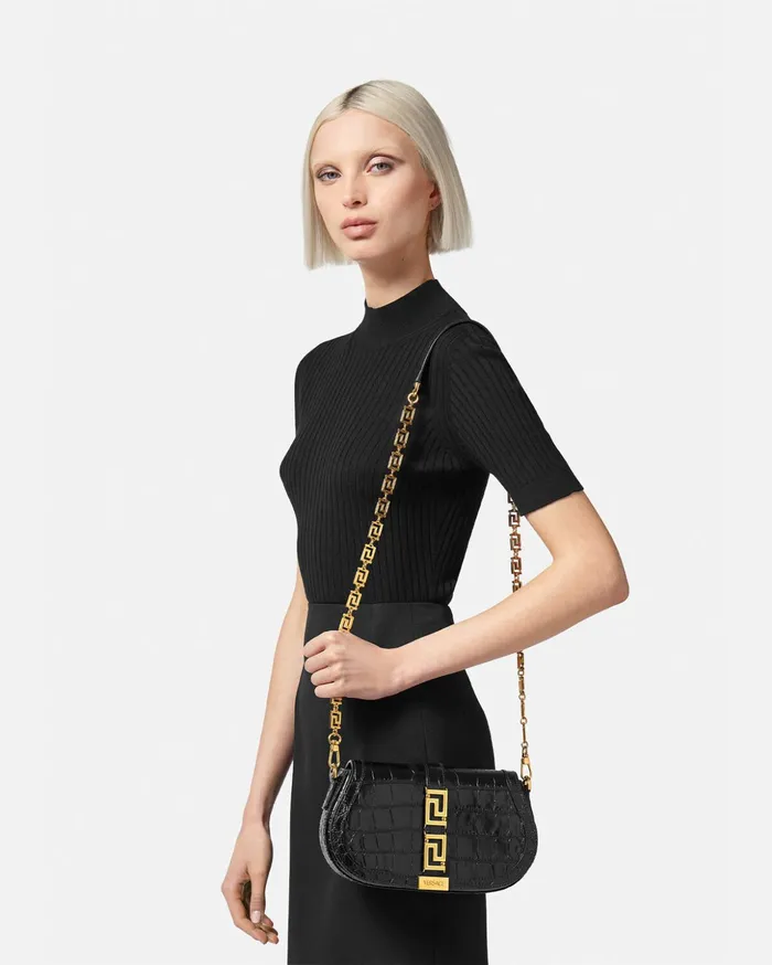 Versace Greca Goddess Women CrocEffect Greca Goddess Shoulder Bag Blackgold