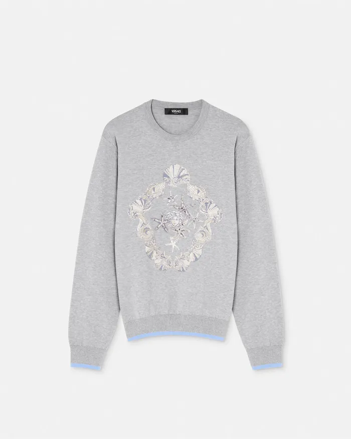 Versace Knitwear Men Embroidered Shell Blasone Sweater Gray