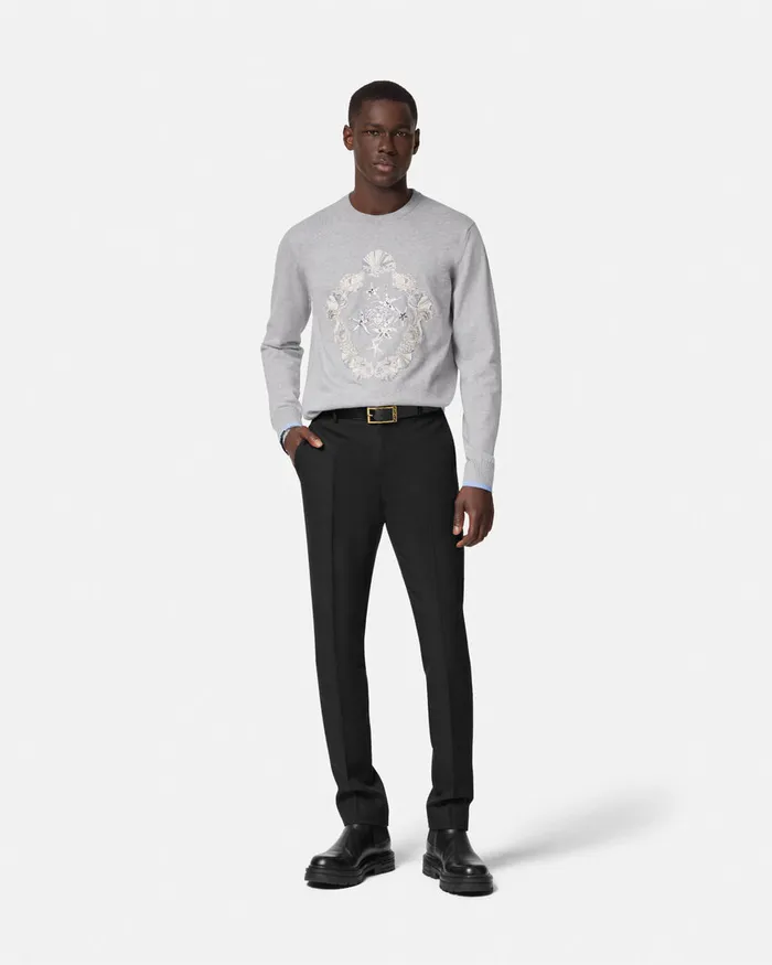 Versace Knitwear Men Embroidered Shell Blasone Sweater Gray
