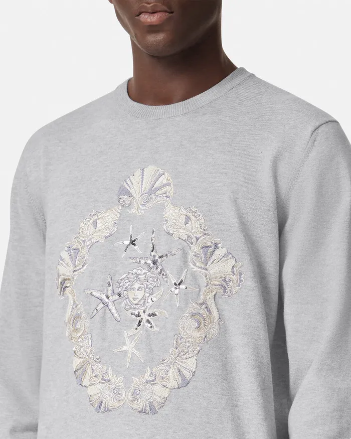 Versace Knitwear Men Embroidered Shell Blasone Sweater Gray
