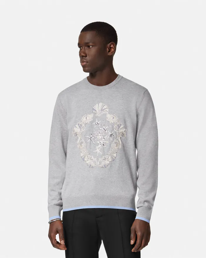 Versace Knitwear Men Embroidered Shell Blasone Sweater Gray
