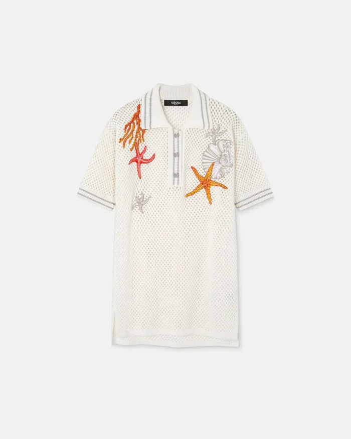 Versace Knitwear Women Crochet Knit Oversized Polo Shirt White