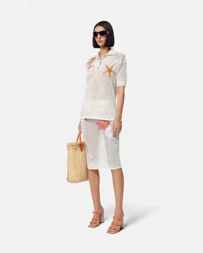 Versace Knitwear Women Crochet Knit Oversized Polo Shirt White