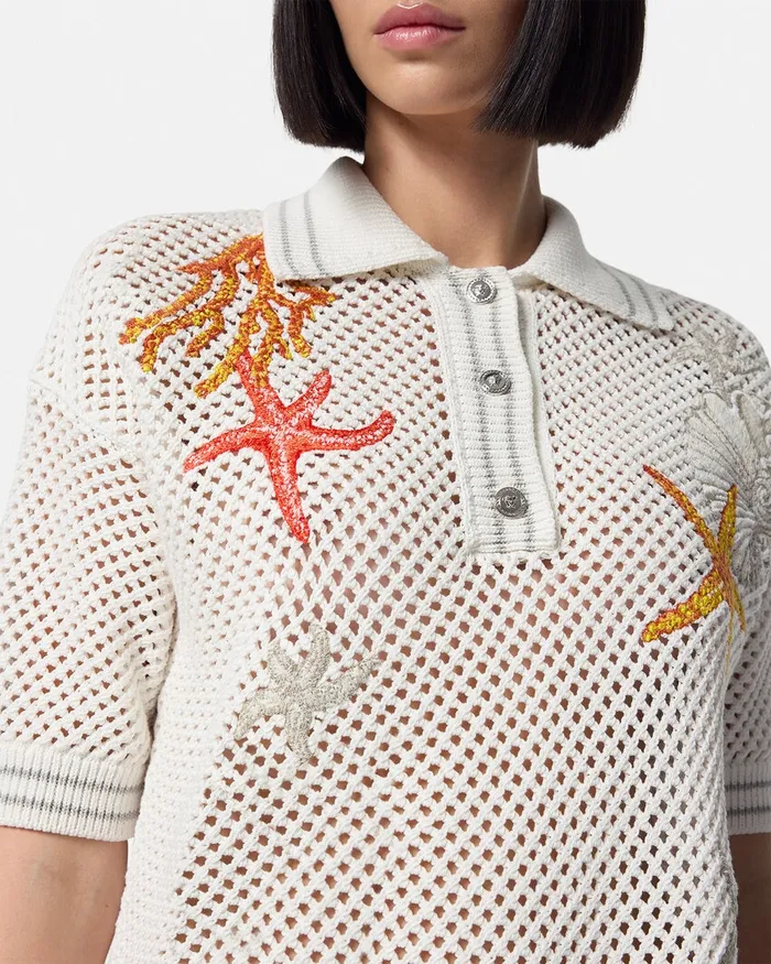 Versace Knitwear Women Crochet Knit Oversized Polo Shirt White