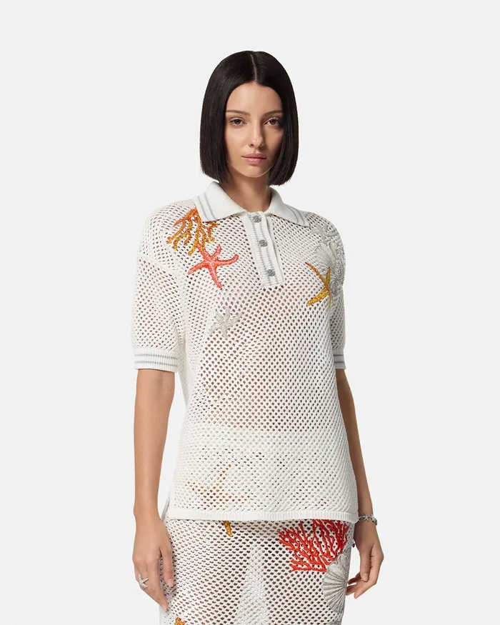 Versace Knitwear Women Crochet Knit Oversized Polo Shirt White