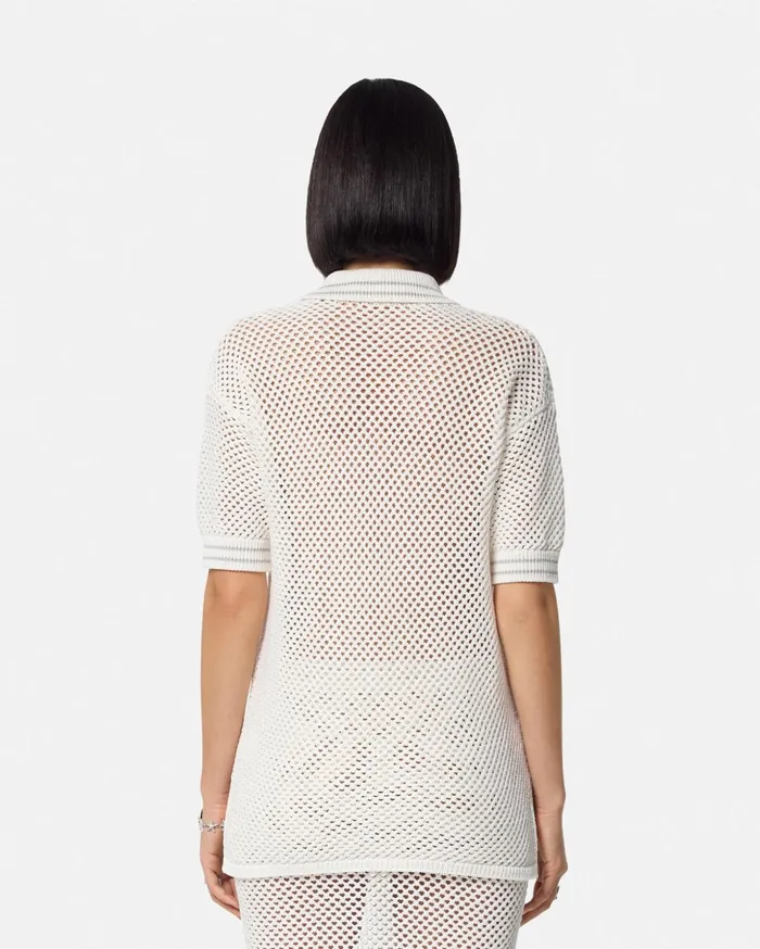 Versace Knitwear Women Crochet Knit Oversized Polo Shirt White