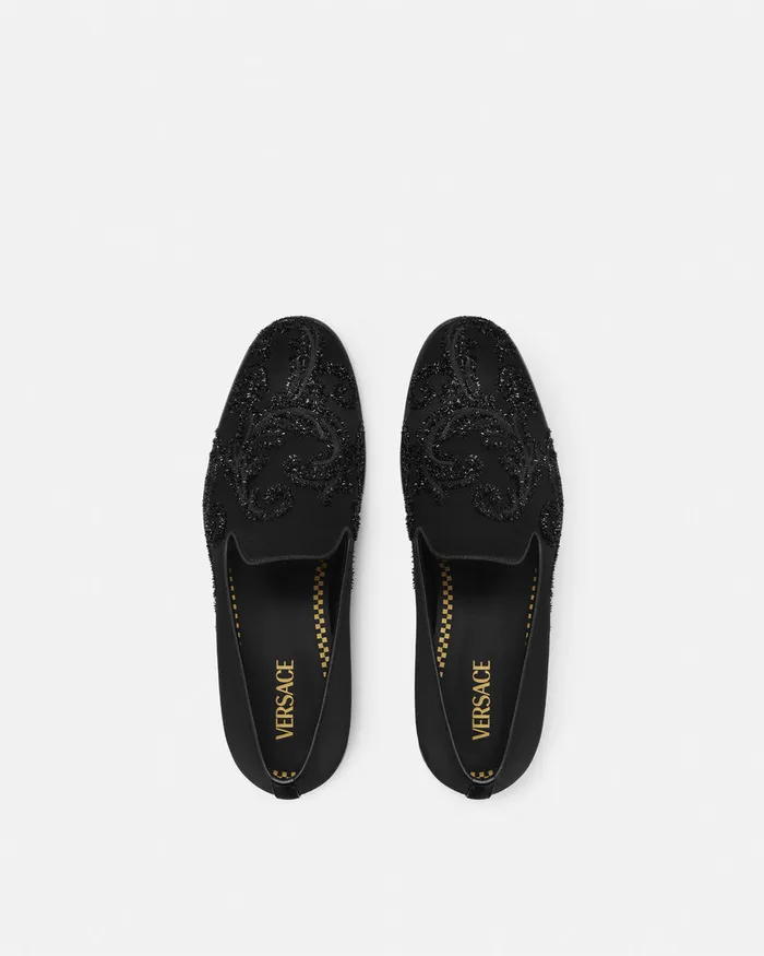 Versace Loafers and Slippers Men Embroidered Barocco Medusa Slippers Blackgold