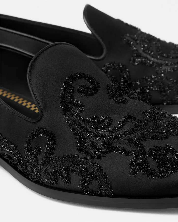 Versace Loafers and Slippers Men Embroidered Barocco Medusa Slippers Blackgold