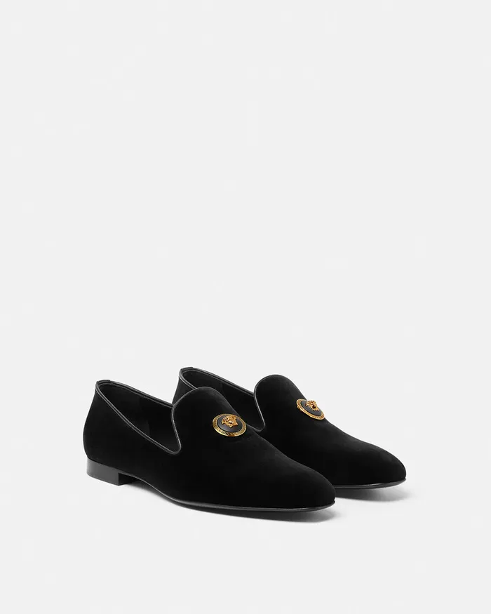 Versace Loafers and Slippers Men Medusa Velvet Slippers Blackgold