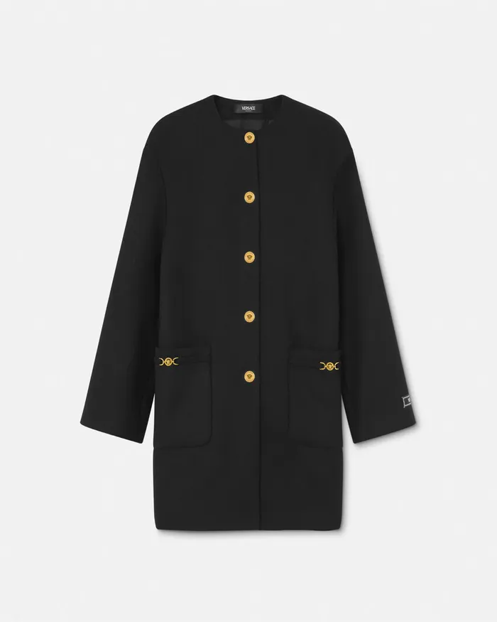 Versace Outerwear and Coats Women Collarless FeltedWool Long Caban Coat Black