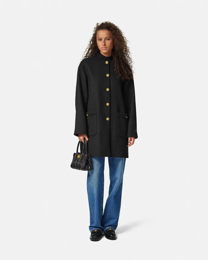 Versace Outerwear and Coats Women Collarless FeltedWool Long Caban Coat Black