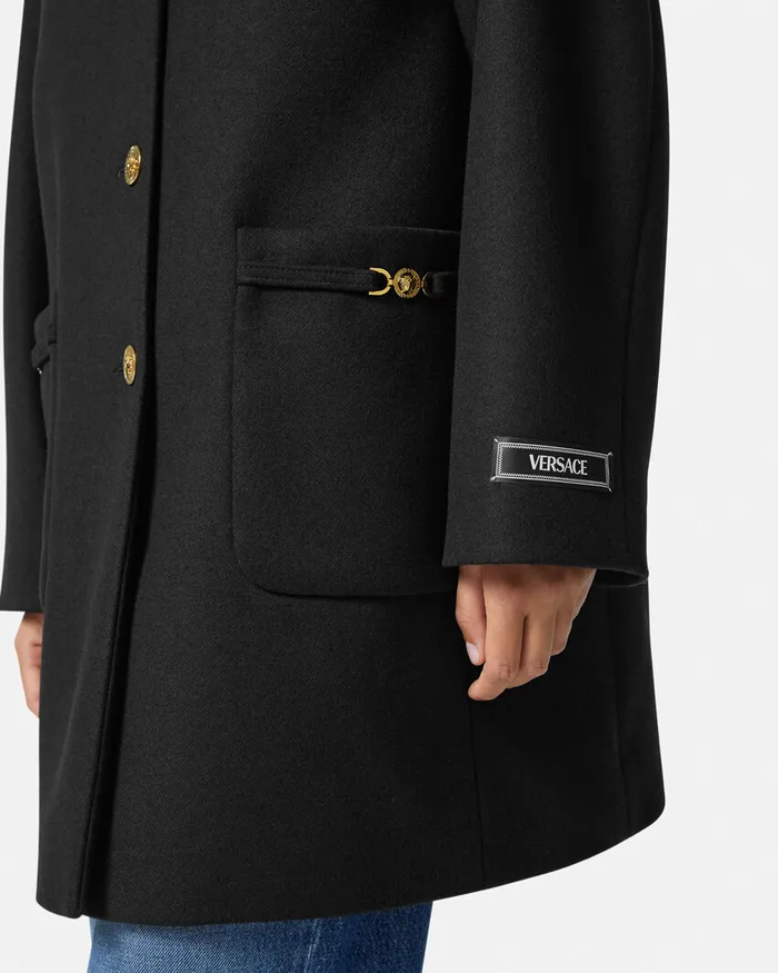 Versace Outerwear and Coats Women Collarless FeltedWool Long Caban Coat Black