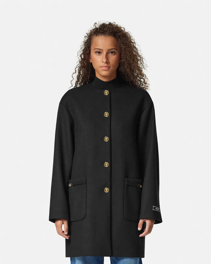 Versace Outerwear and Coats Women Collarless FeltedWool Long Caban Coat Black