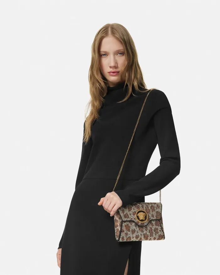 Versace Shoulder and Crossbody Women Crystal Leopard La Medusa Clutch Blackgold