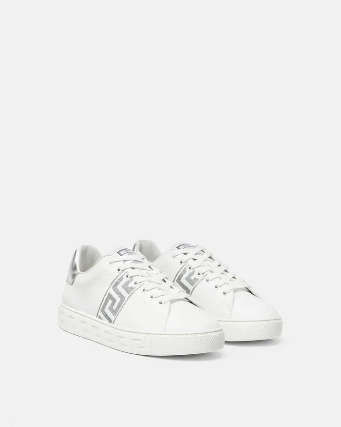 Versace Sneakers Men Embroidered Greca Sneakers Whitesilver