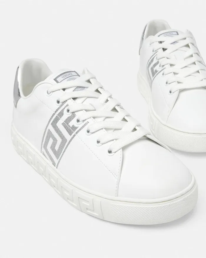 Versace Sneakers Men Embroidered Greca Sneakers Whitesilver