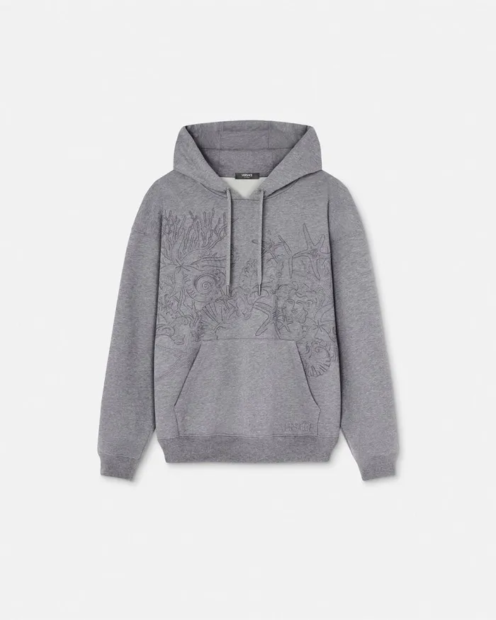 Versace Sweatshirts Men Embroidered Barocco Sea Hoodie Gray