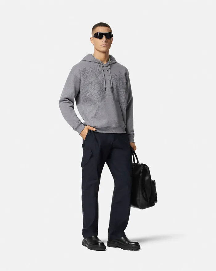 Versace Sweatshirts Men Embroidered Barocco Sea Hoodie Gray