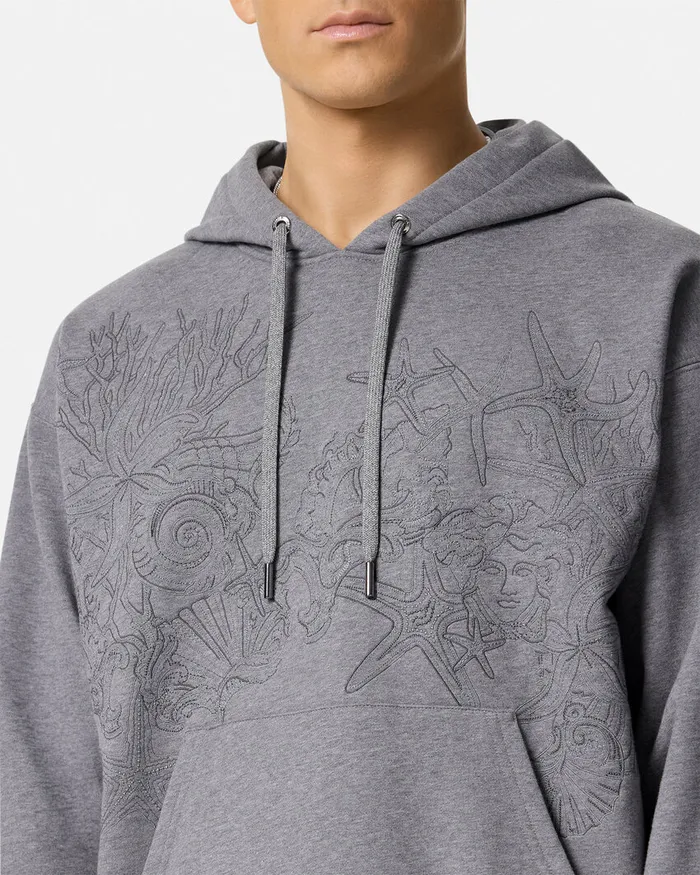 Versace Sweatshirts Men Embroidered Barocco Sea Hoodie Gray