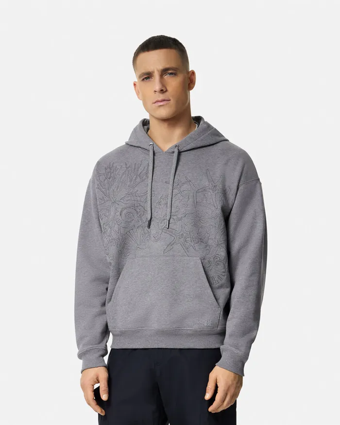 Versace Sweatshirts Men Embroidered Barocco Sea Hoodie Gray