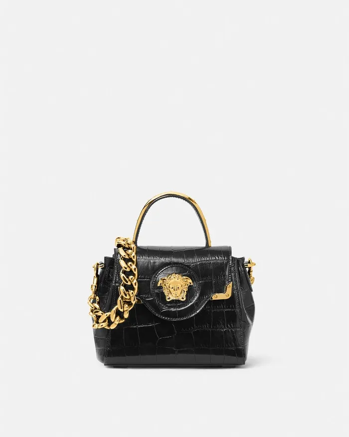 Versace Top Handle Women CrocEffect La Medusa Small Handbag Blackgold