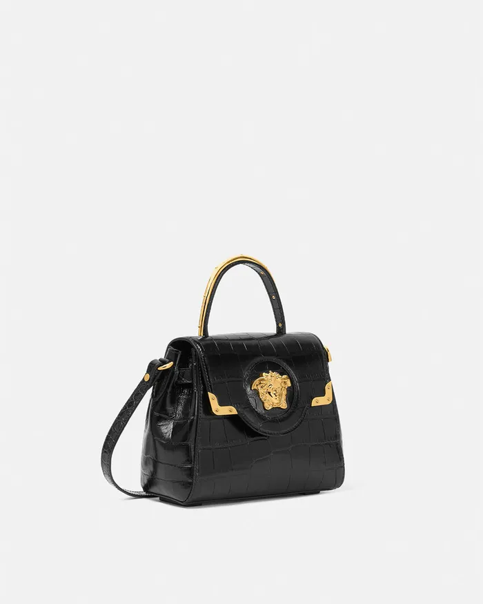Versace Top Handle Women CrocEffect La Medusa Small Handbag Blackgold