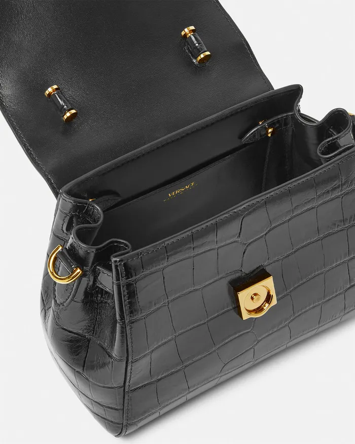 Versace Top Handle Women CrocEffect La Medusa Small Handbag Blackgold
