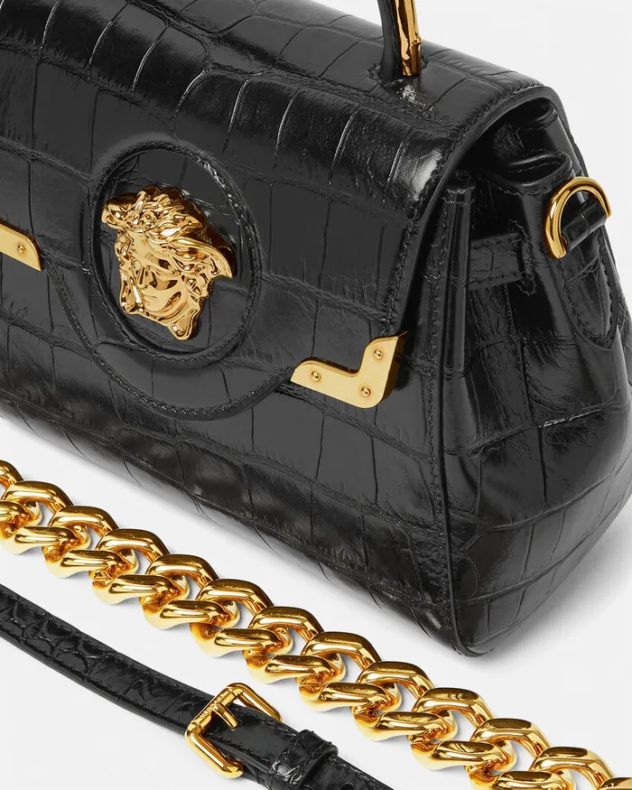Versace Top Handle Women CrocEffect La Medusa Small Handbag Blackgold