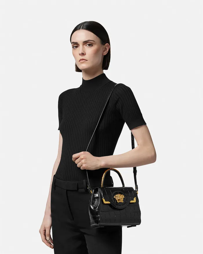 Versace Top Handle Women CrocEffect La Medusa Small Handbag Blackgold