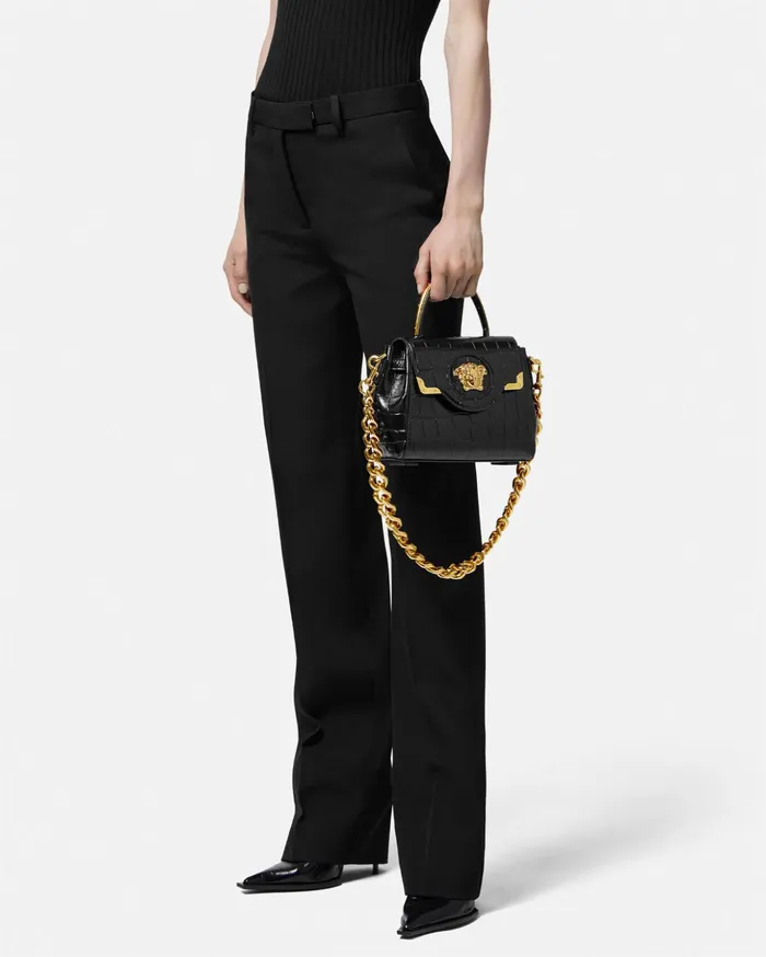 Versace Top Handle Women CrocEffect La Medusa Small Handbag Blackgold