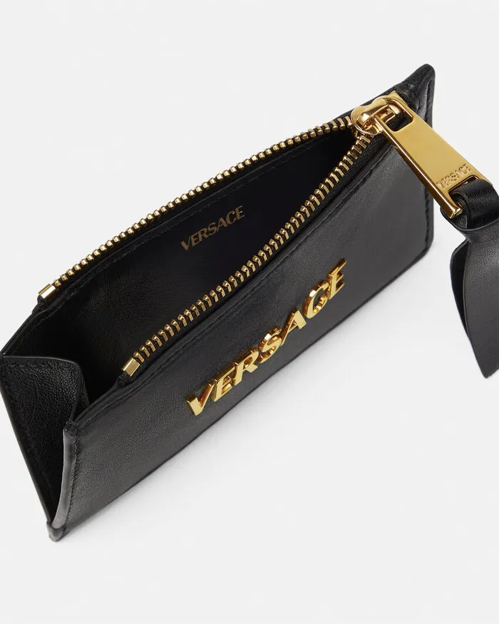 Versace Wallets Women Tag Zip Card Holder Blackgold