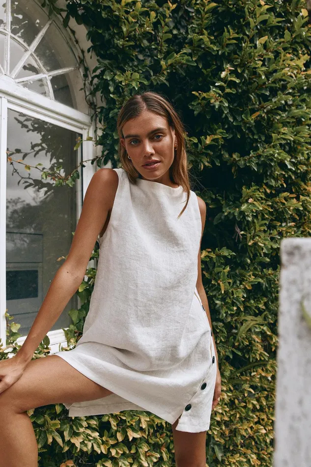 VRG GRL Annabelle Linen Mini Dress White Women Mini Dresses