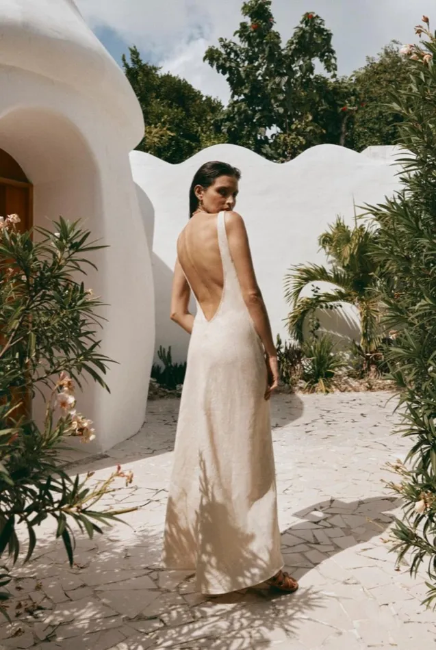 VRG GRL Art Of Bloom Linen Bias Cut Maxi Dress Cream Women MidiMaxi Dresses