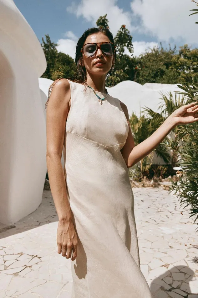 VRG GRL Art Of Bloom Linen Bias Cut Maxi Dress Cream Women MidiMaxi Dresses