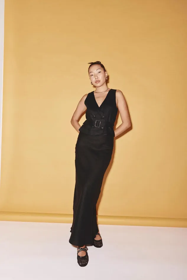 VRG GRL Ena Linen Bias Cut Maxi Skirt Black Women Skirts VRG GRL Ena Linen Bias Cut Maxi Skirt Black Women Skirts