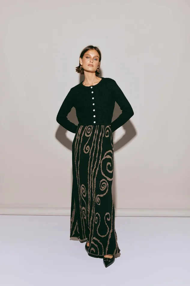 VRG GRL Ivy Muse Knit Maxi Skirt Black Swirl Women Skirts