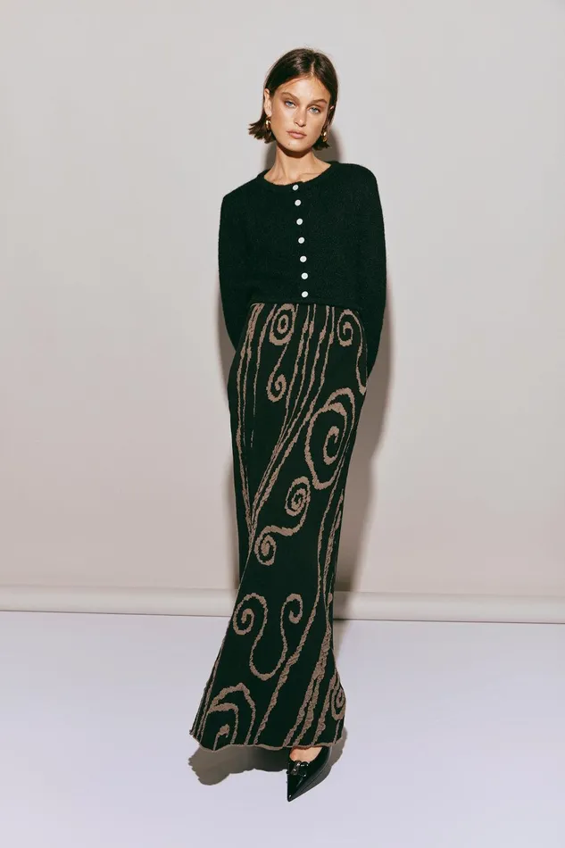 VRG GRL Ivy Muse Knit Maxi Skirt Black Swirl Women Skirts VRG GRL Ivy Muse Knit Maxi Skirt Black Swirl Women Skirts