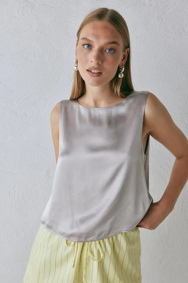 VRG GRL Lira Satin Top Silver Women Sleeveless VRG GRL Lira Satin Top Silver Women Sleeveless